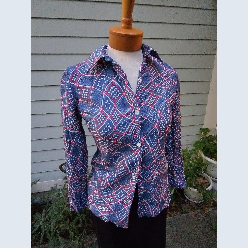 Vintage blouse: Cotton, blue/red/white. Size small - by Bonwit Teller